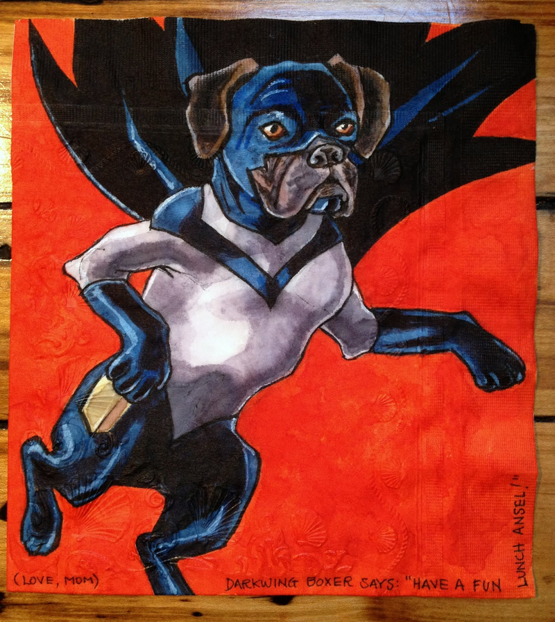 Illustration for article titled Artist draws superpowered canines on her sons' lunch napkins